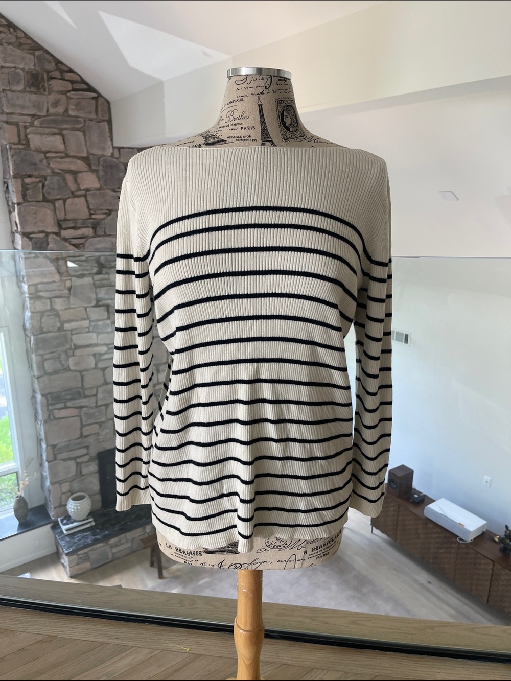 GAP Cream and Black Striped Boatneck Long Sleeve Top